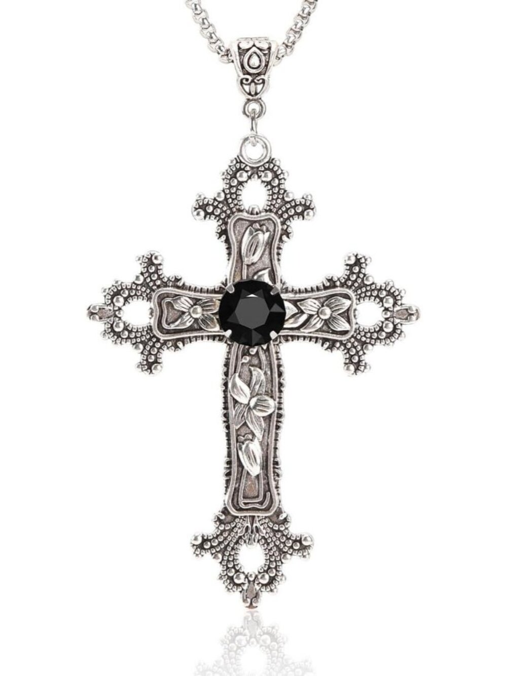 Men’s Black Silver Gothic Cross Necklace with Glass Stone, 25” Steel Chain